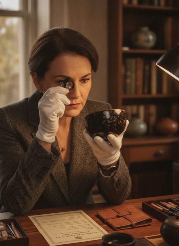 Tenmoku authentication Tenmoku collector examining cup with magnifying loupe