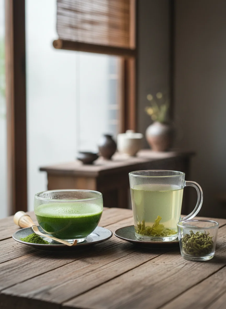 Matcha powder and loose leaf green tea side by side comparison