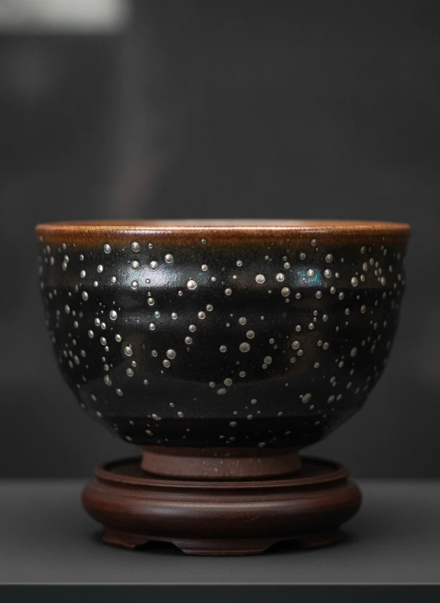 Oil spot Tenmoku tea bowl with metallic silver droplets on black glaze