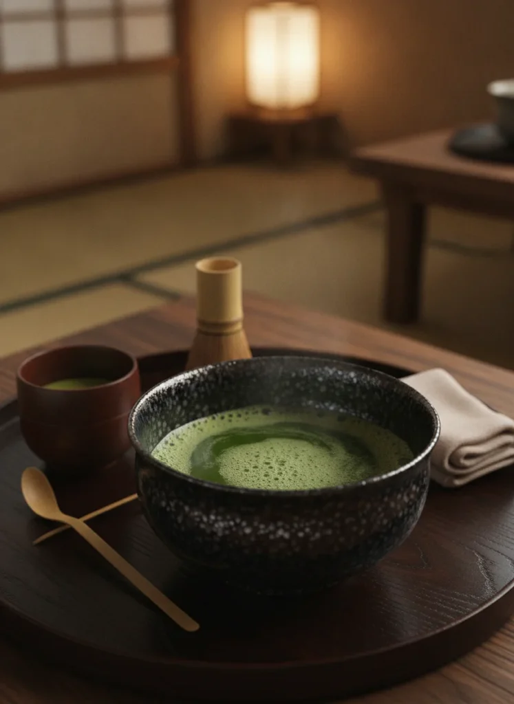 What Does "Oil Drop" Mean in Jianzhan Tenmoku 5 Jian Zhan oil spot tea bowl with whisked matcha in ceremony setting