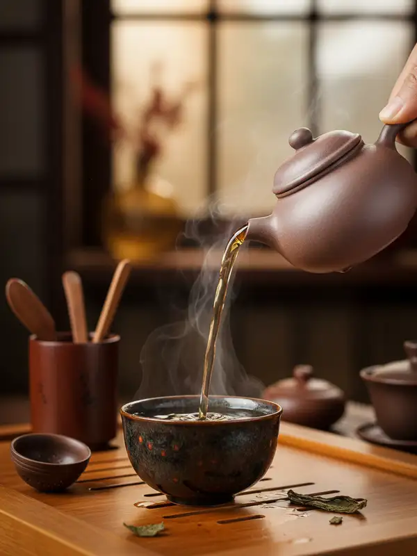 Oolong Tea in Tenmoku Cup Oolong tea being poured into a tenmoku cup during gongfu cha