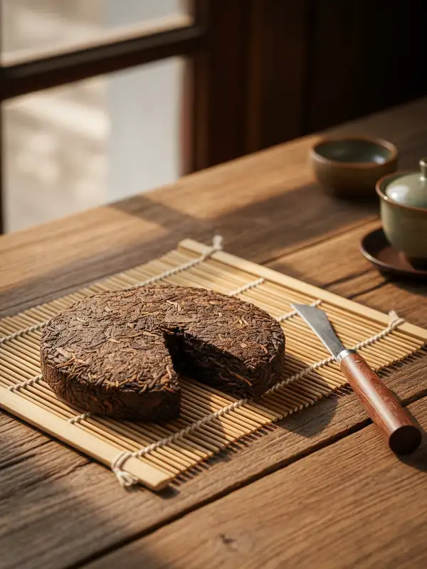 Pu-erh Tea Cake Pressed pu-erh tea cake with tea knife on bamboo mat