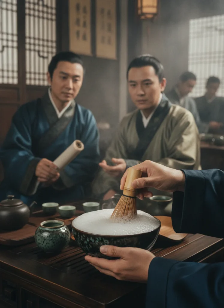 The Meaning of "Rabbit Hair" in Jianzhan Tianmu 4 Song Dynasty tea competition with whisked tea in Jian Zhan bowl showing white froth
