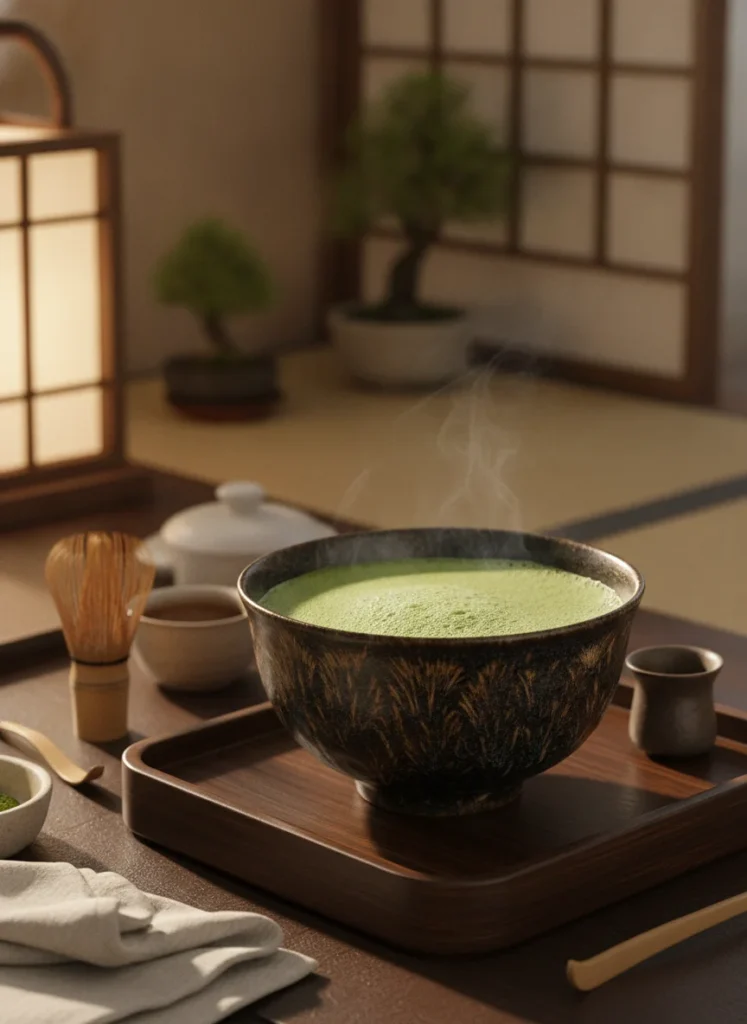 The Meaning of "Rabbit Hair" in Jianzhan Tianmu 5 Jian Zhan rabbit hair tea bowl with matcha in tea ceremony setting