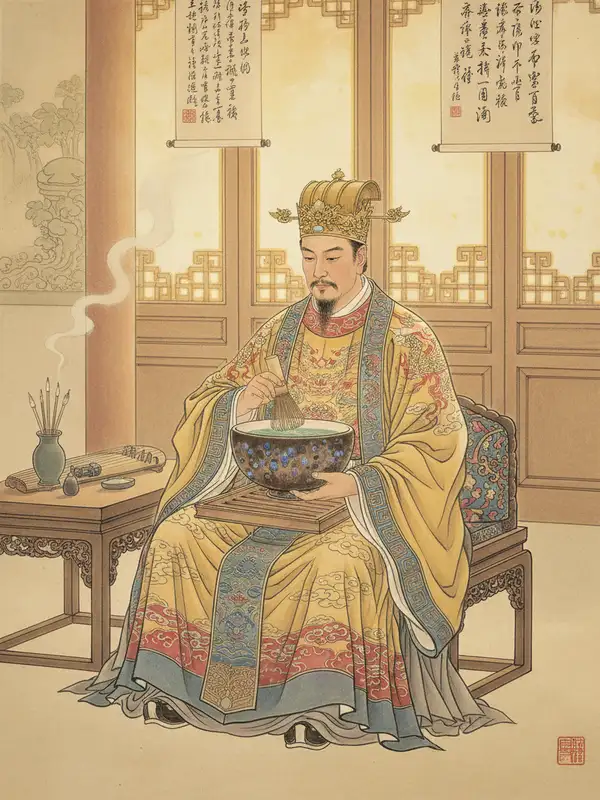 Song Dynasty tea ceremony Song Dynasty emperor whisking tea in Jian Zhan bowl