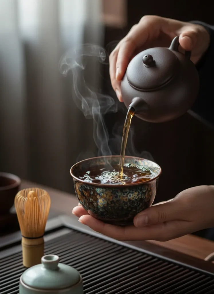 A Jian Zhan Tenmoku tea cup with deep amber tea being poured in, showing oil spot metallic glaze pattern