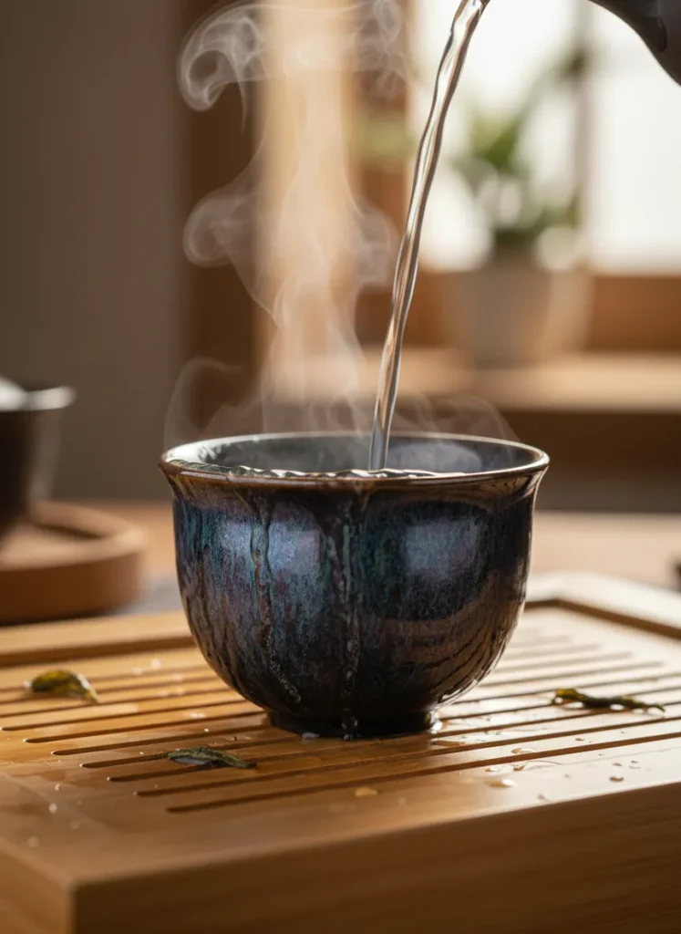 How to Season Your Jian Zhan Cup for Better Tea Flavor 3 A brand new Jian Zhan tea cup being rinsed with hot water before first use, steam rising from the black iron-rich glaze