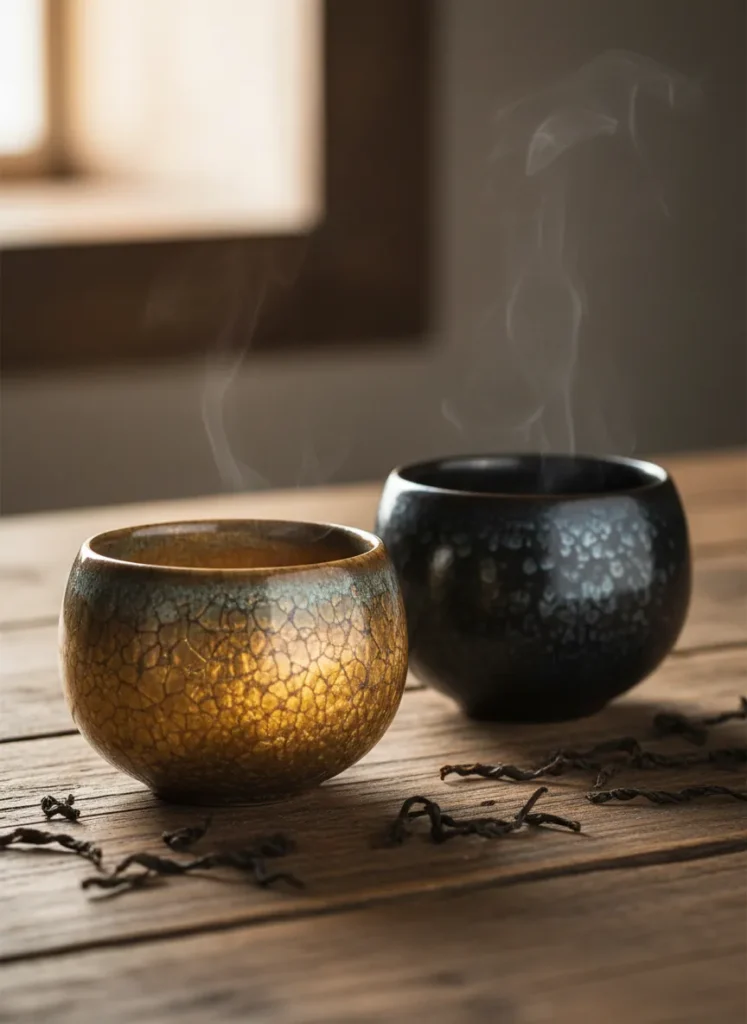 How to Season Your Jian Zhan Cup for Better Tea Flavor 4 A beautifully seasoned Jian Zhan cup with warm golden patina next to an unseasoned new cup for comparison