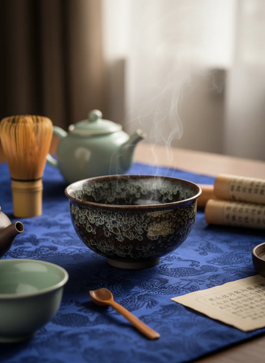 Jian Zhan oil spot glaze pattern Jian Zhan tea bowl with oil spot glaze on silk cloth