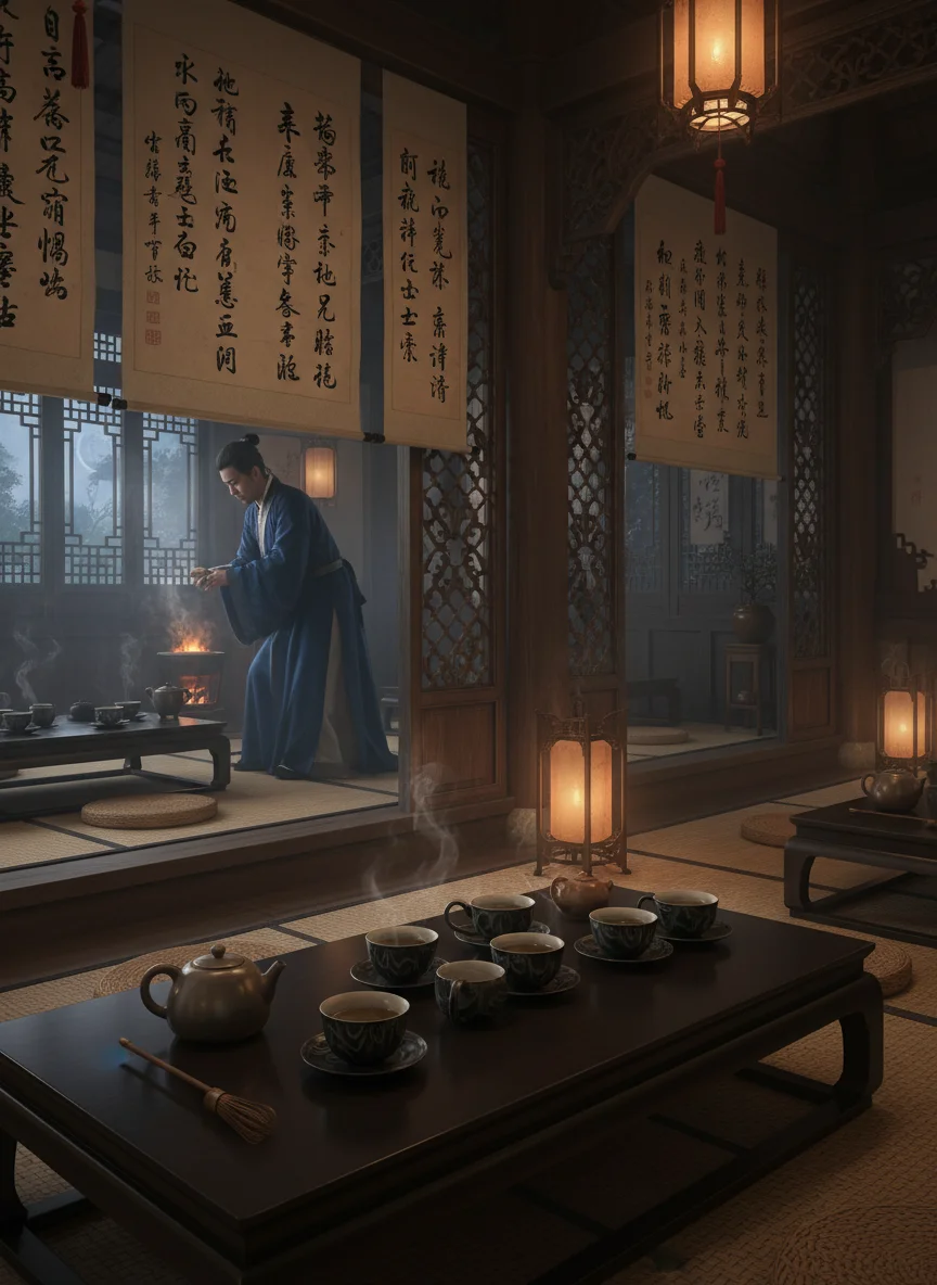 Song Dynasty tea house aesthetic Traditional Chinese tea house with Jian Zhan cups and calligraphy