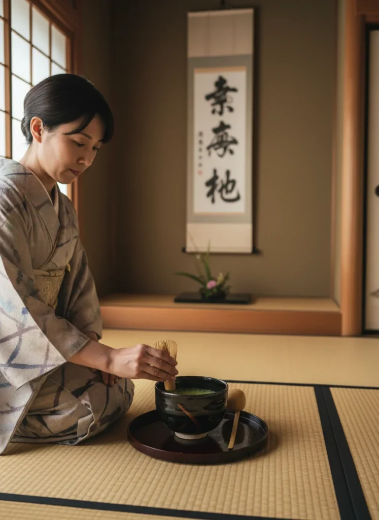 Japanese tea ceremony with matcha in Tenmoku