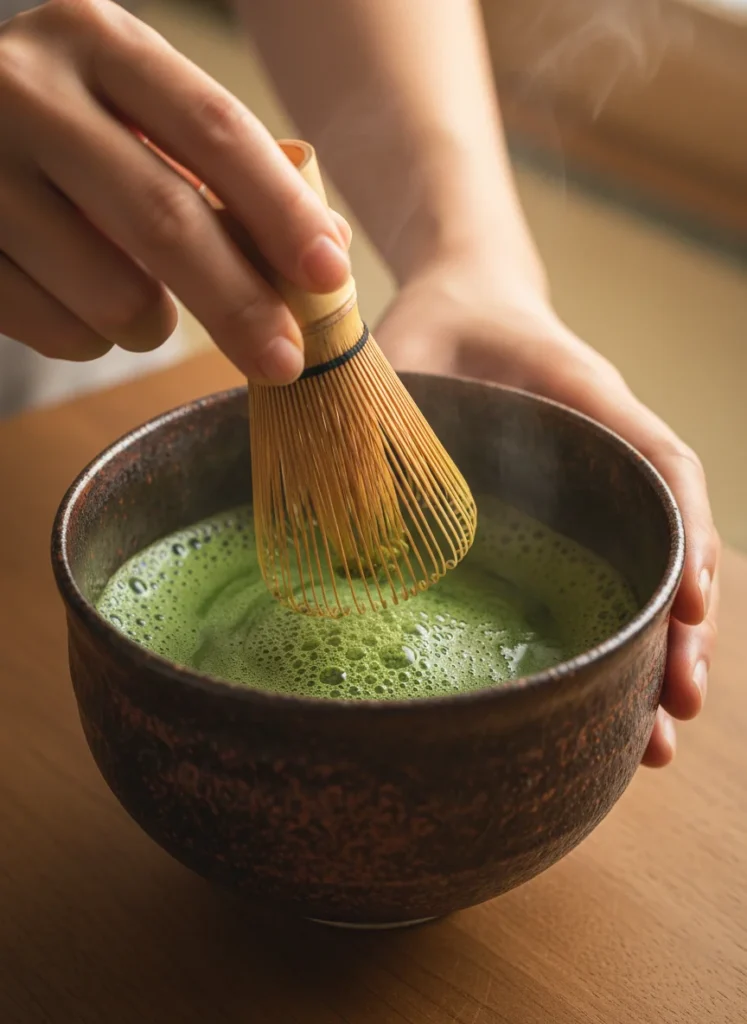 Hands whisking matcha in dark Tenmoku bowl