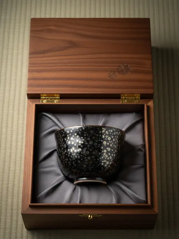 Tenmoku tea cup in wooden gift presentation box with oil spot glaze