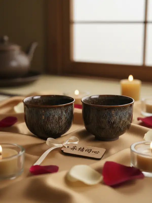 Matching tenmoku tea cup gift pair Matching pair of tenmoku tea cups with hares fur glaze for wedding gift
