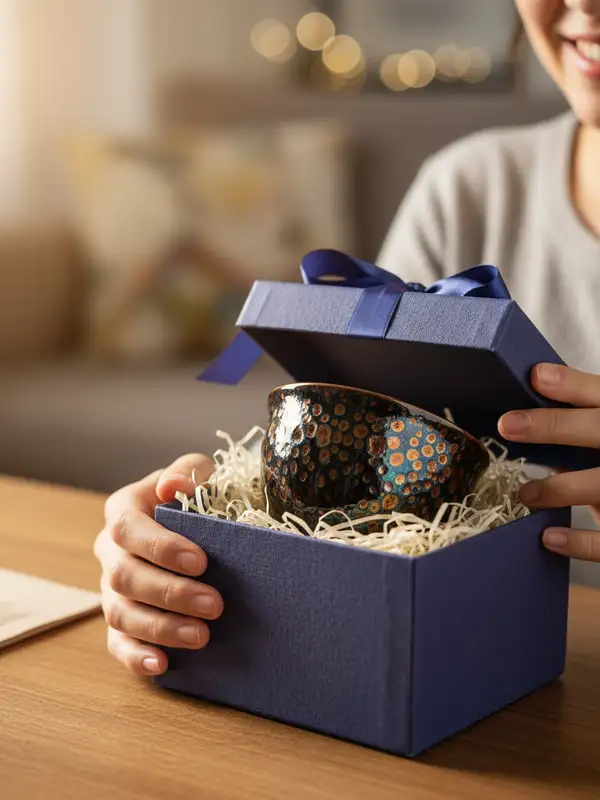 Unboxing tenmoku tea cup gift Unboxing a tenmoku tea cup gift with partridge spot glaze pattern