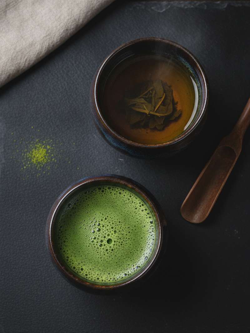Two tenmoku cups with matcha and oolong tea side by side