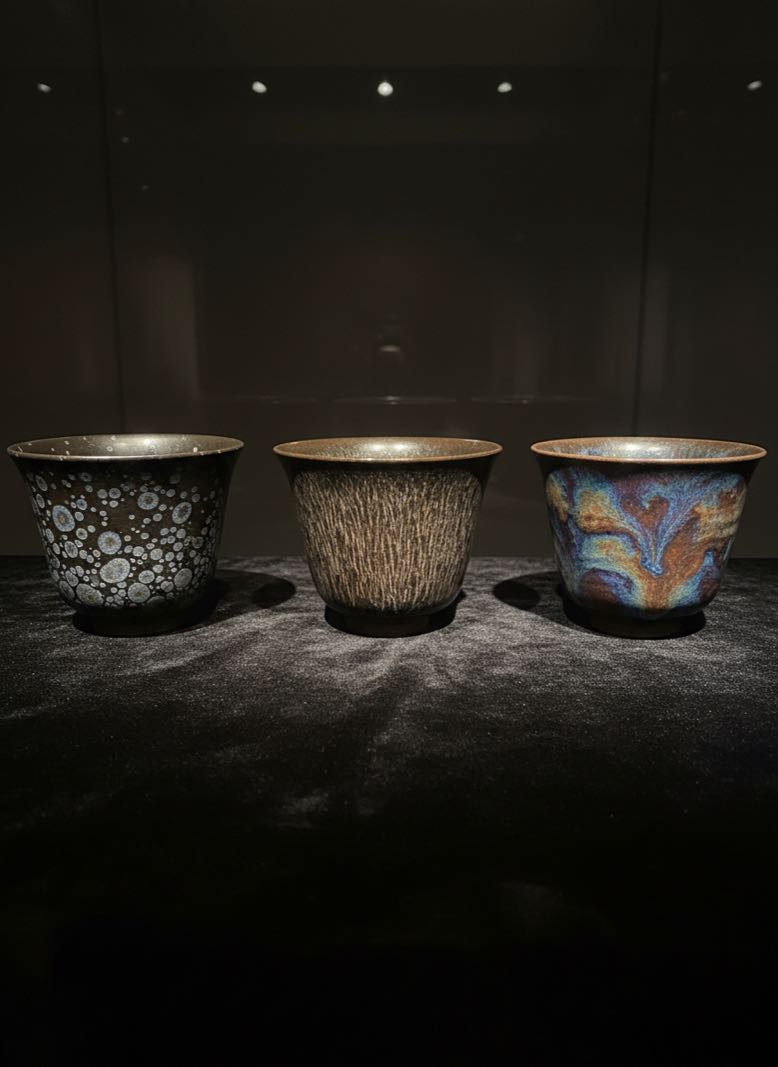 Three Tenmoku glaze pattern comparison Three Tenmoku cups showing oil spot hare's fur and yao bian patterns