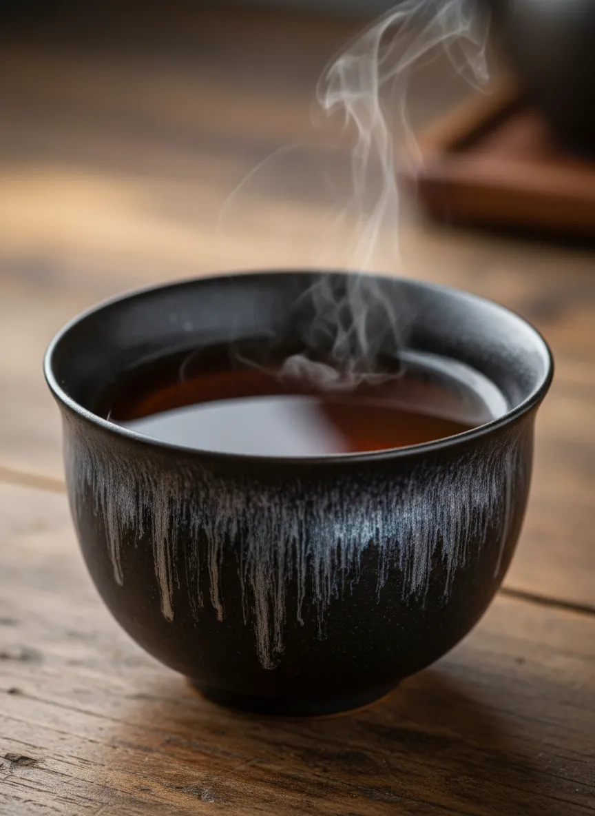 Authentic Tenmoku tea cup featuring iron-rich black glaze with silver hare's fur patterns, filled with amber pu-erh tea on a wooden table
