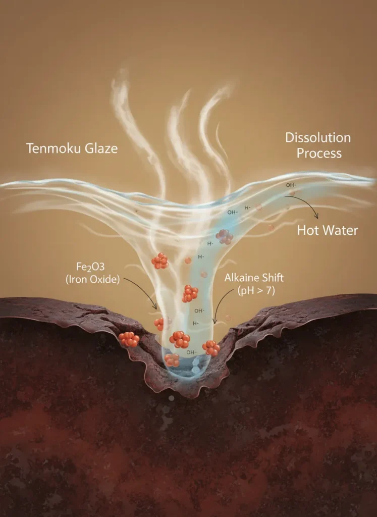 Why Tea Tastes Better in a Tenmoku Cup: The Iron & Alkalinity Effect 3 Scientific illustration of iron oxide molecules dissolving from Tenmoku glaze surface into hot water, showing pH alkaline shift and water softening process