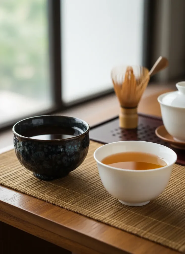 Why Tea Tastes Better in a Tenmoku Cup: The Iron & Alkalinity Effect 4 Side by side comparison of the same tea served in a dark Tenmoku Jian Zhan cup and a white porcelain cup on a bamboo mat