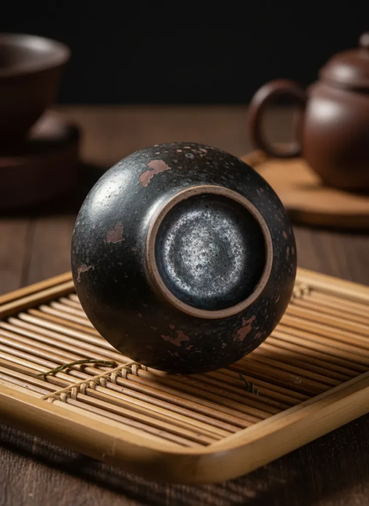 Why Tea Tastes Better in a Tenmoku Cup: The Iron & Alkalinity Effect 5 Aged Jian Zhan tea cup showing glossy patina on interior glaze from months of daily tea use, resting on a bamboo drying rack
