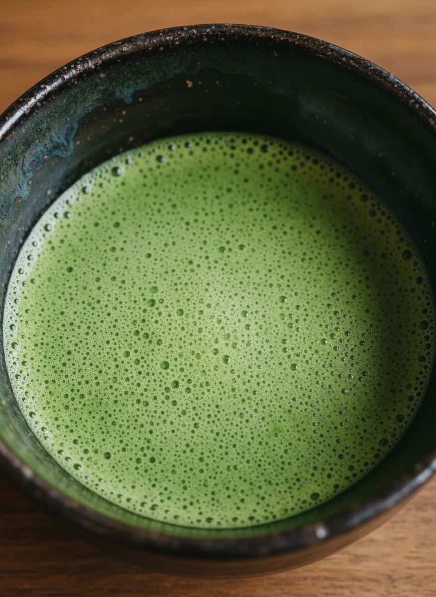 Matcha green tea foam in dark Tenmoku bowl showing vivid contrast