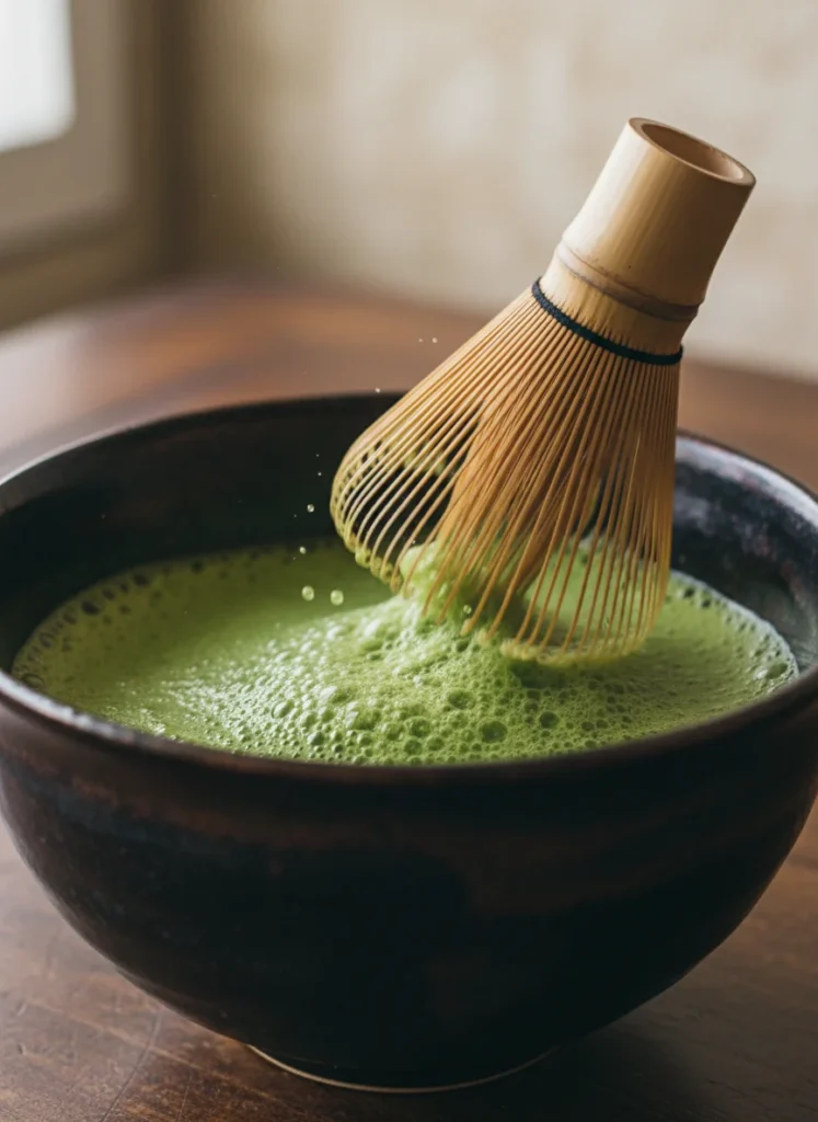 Matcha vs Loose Leaf Tea: Which is Better for You? 4 Whisking matcha in Tenmoku bowl