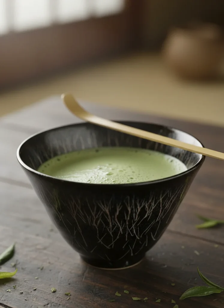 Best Tenmoku Bowls for Matcha: Size, Shape & Glaze Guide 5 Conical Tenmoku bowl with matcha showing hare's fur pattern through green foam