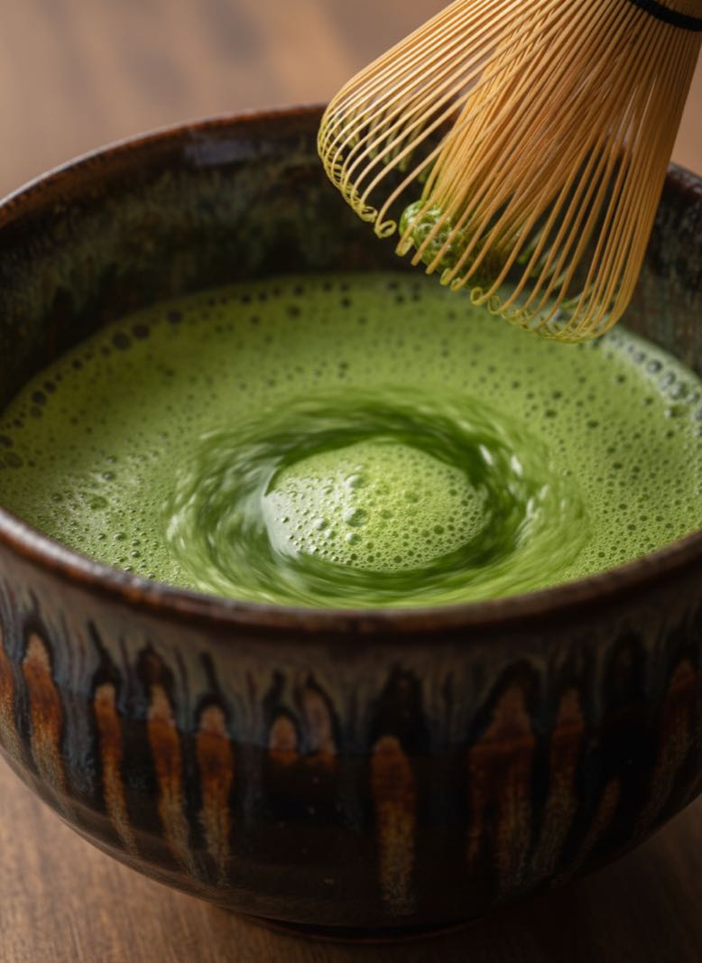 Hare fur tenmoku bowl with matcha whisking