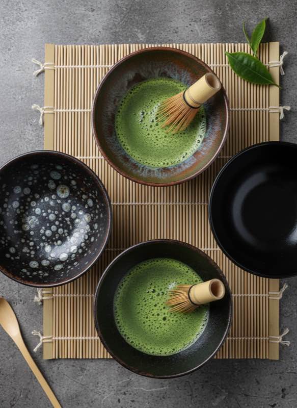 Three tenmoku bowls comparison for matcha