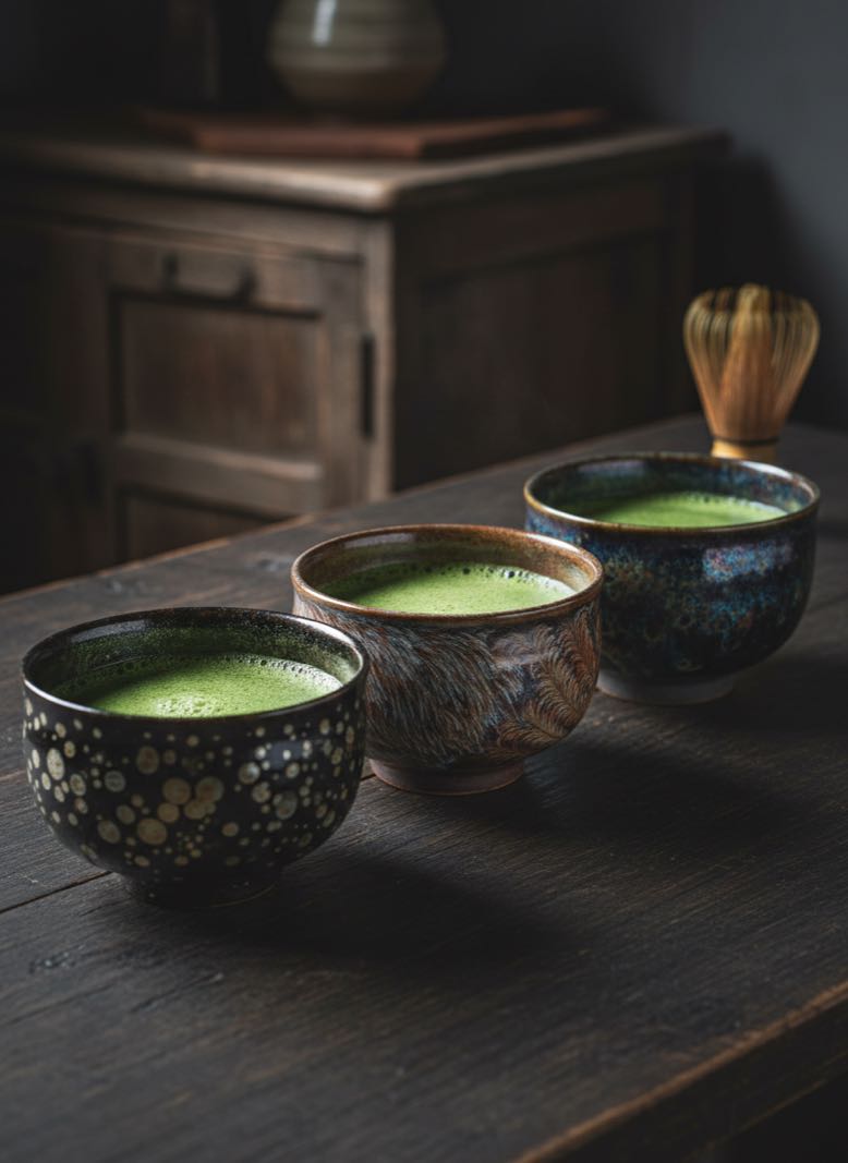 Four tenmoku glaze patterns compared for matcha preparation