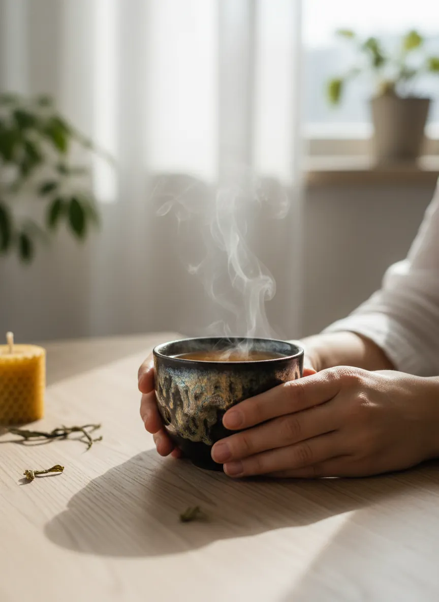Hands holding a dark Tenmoku tea cup with oil spot glaze during a peaceful morning mindfulness ritual, steam rising from golden oolong tea