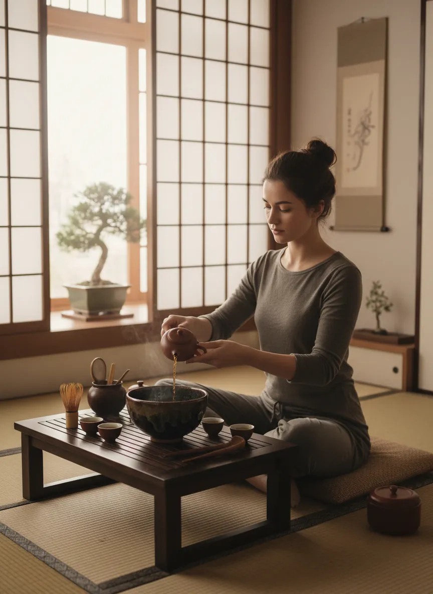 Woman performing a gongfu tea ritual with a dark Tenmoku bowl at a low wooden table, pouring tea from a clay teapot in a meditative setting
