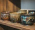 Three different Tenmoku tea cups displaying oil spot, hare's fur, and yao bian glaze patterns on a wooden shelf with warm ambient lighting