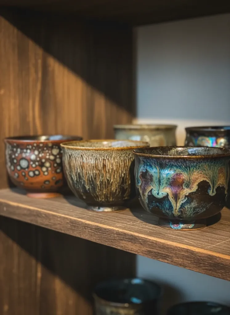 Three different Tenmoku tea cups displaying oil spot, hare's fur, and yao bian glaze patterns on a wooden shelf with warm ambient lighting