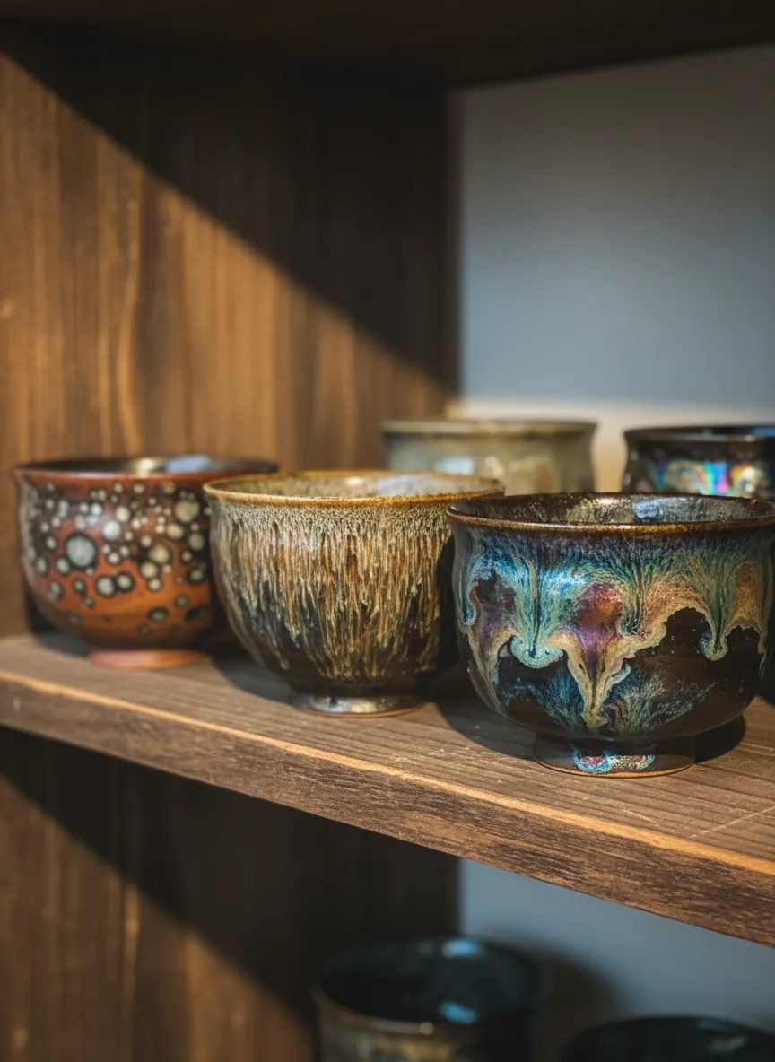 Three different Tenmoku tea cups displaying oil spot, hare's fur, and yao bian glaze patterns on a wooden shelf with warm ambient lighting