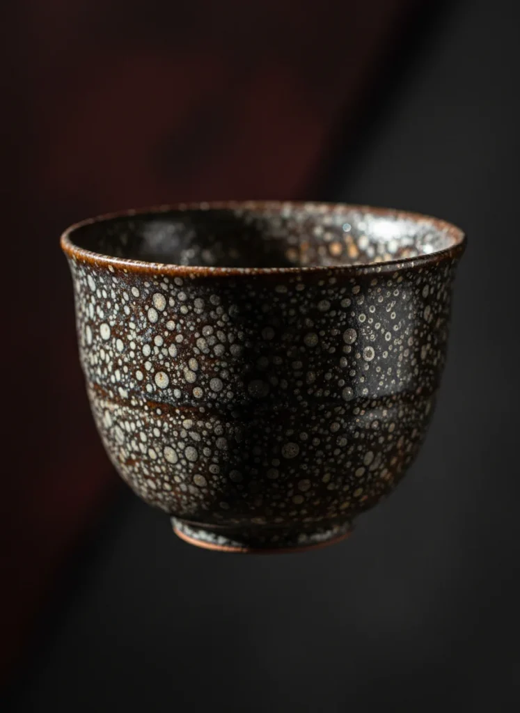 5 Common Myths About Tenmoku Tea Cups — Debunked 2 Tenmoku tea cup with oil spot pattern showing metallic shimmer under light