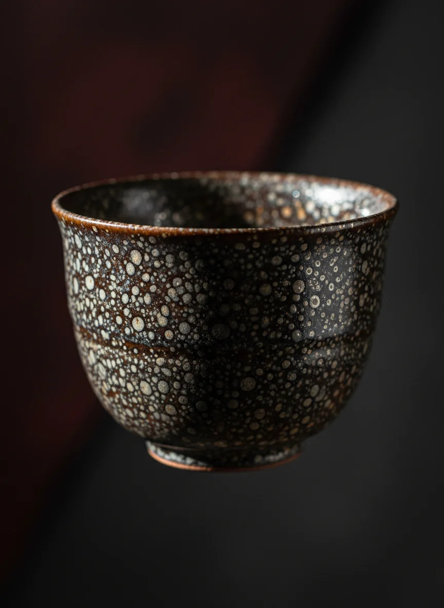 Tenmoku tea cup with oil spot pattern showing metallic shimmer under light