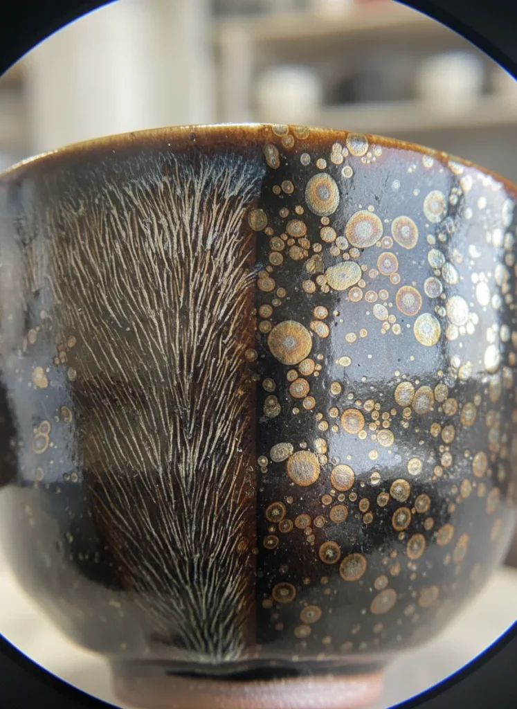 The Ultimate Guide to Tenmoku Teaware for Beginners 4 Close-up of Tenmoku hare's fur and oil spot glaze