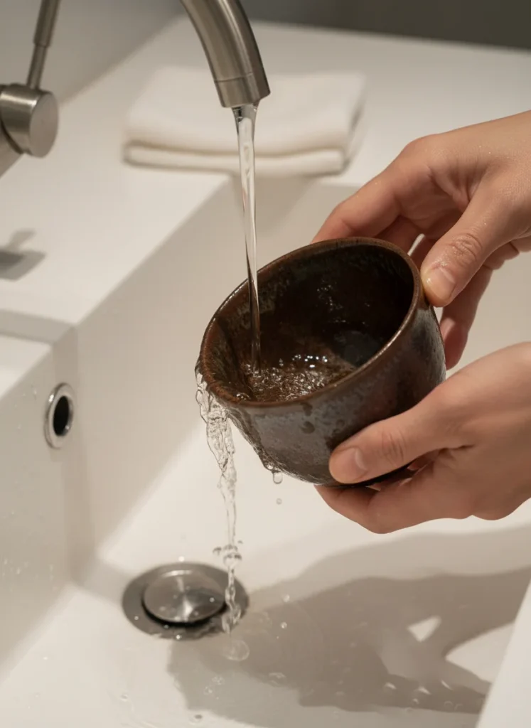 The Ultimate Guide to Tenmoku Teaware for Beginners 5 Tenmoku cup being rinsed with warm water