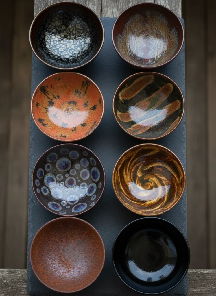 5 Common Myths About Tenmoku Tea Cups — Debunked 5 Collection of different Tenmoku glaze patterns showing variety of colors