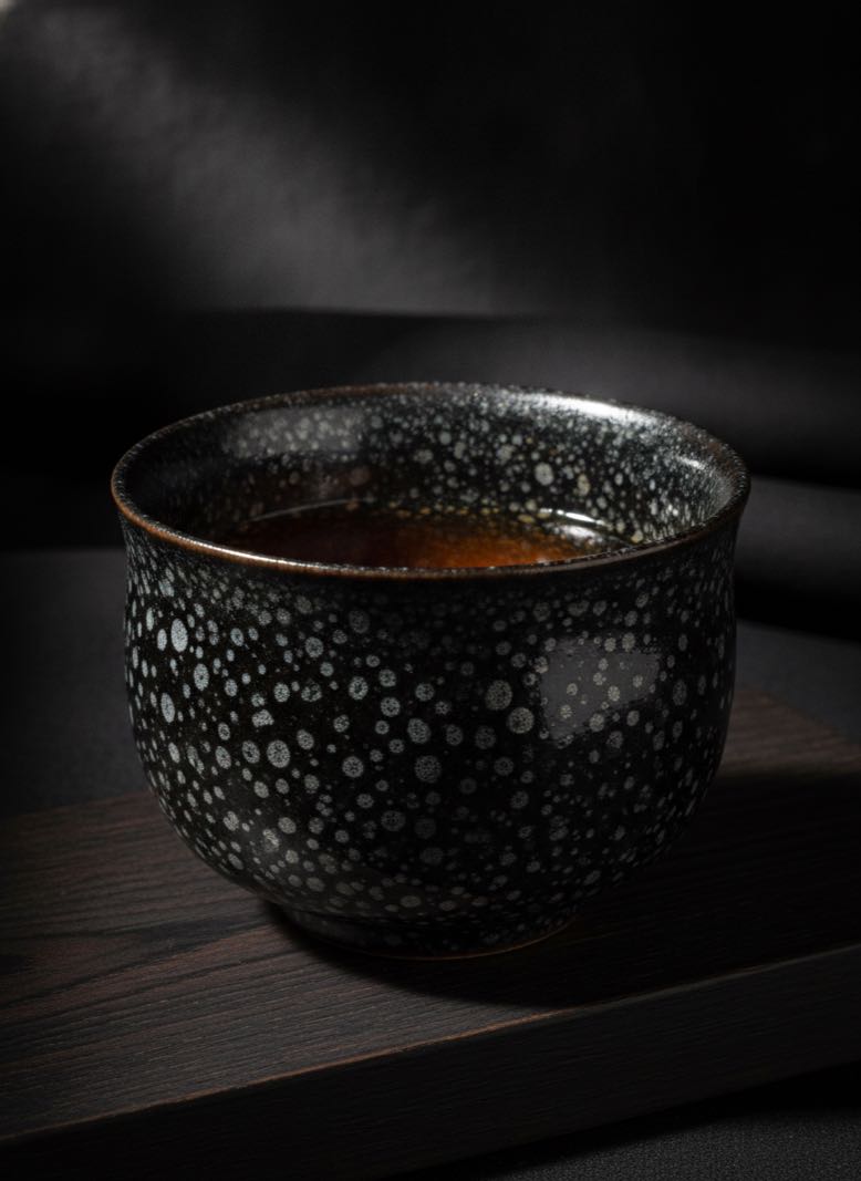 Tenmoku Oil Spot Glaze Pattern Tenmoku Oil Spot glaze pattern tea cup with metallic silver spots