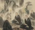 Zen Buddhist monks in dark robes drinking tea from iron-glazed Tenmoku tea bowls inside a stone temple, warm candlelight atmosphere, Song Dynasty era meditation scene