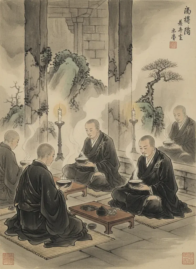 How Tenmoku Became Popular in Japan: The Zen Tea Connection 2 Zen Buddhist monks in dark robes drinking tea from iron-glazed Tenmoku tea bowls inside a stone temple, warm candlelight atmosphere, Song Dynasty era meditation scene