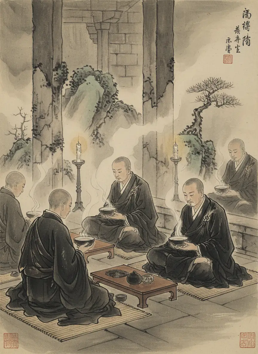 Zen Buddhist monks in dark robes drinking tea from iron-glazed Tenmoku tea bowls inside a stone temple, warm candlelight atmosphere, Song Dynasty era meditation scene