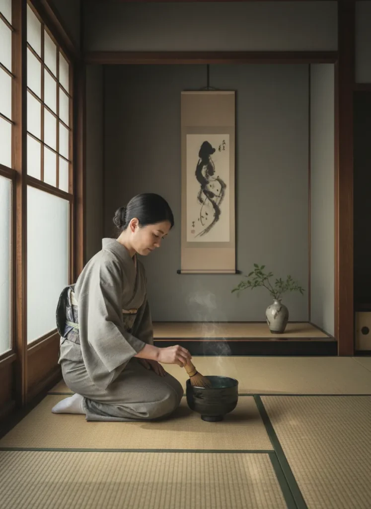 How Tenmoku Became Popular in Japan: The Zen Tea Connection 3 Japanese tea ceremony host whisking matcha in a dark Tenmoku chawan tea bowl, minimalist wabi-sabi aesthetic, soft light through shoji screen in traditional tatami room