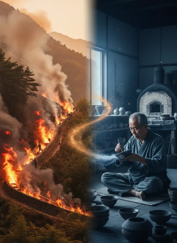 How Tenmoku Became Popular in Japan: The Zen Tea Connection 5 Split view of Song Dynasty Chinese dragon kiln firing in Fujian mountains alongside Japanese Seto kiln artisan applying iron glaze, connecting two Tenmoku ceramic traditions