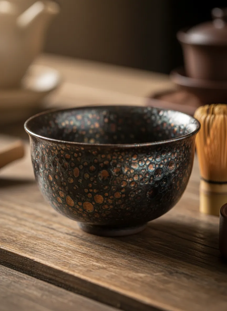 Close-up of a Tenmoku tea cup with dark oil spot glaze pattern showing metallic iron crystals on a wooden tea table