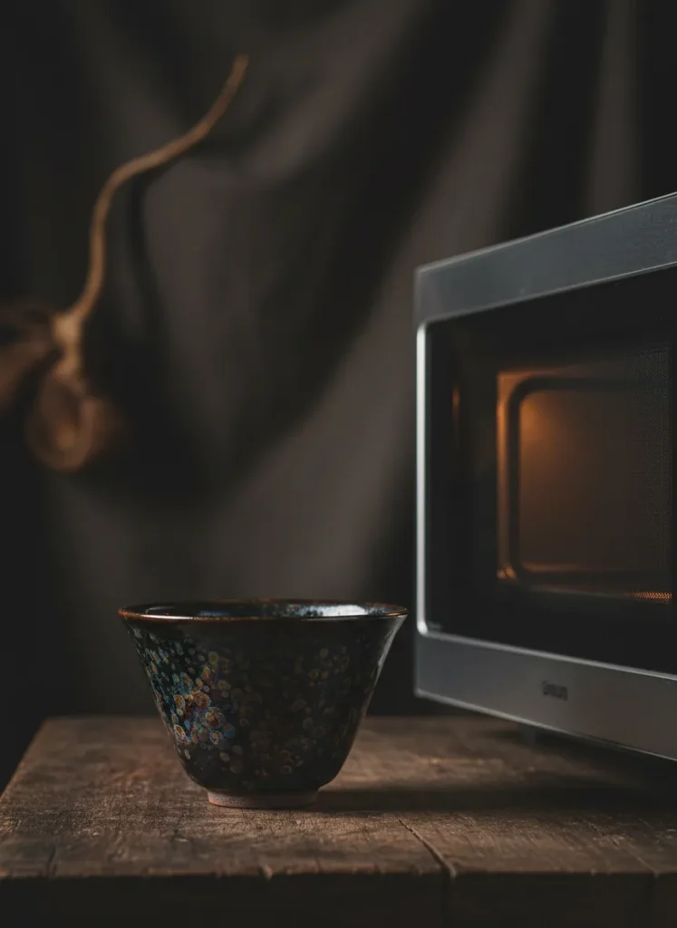 Can You Put Tenmoku Tea Cups in the Microwave? 3 Tenmoku tea cup placed next to a microwave oven showing the safety risk of microwaving iron-glazed ceramic