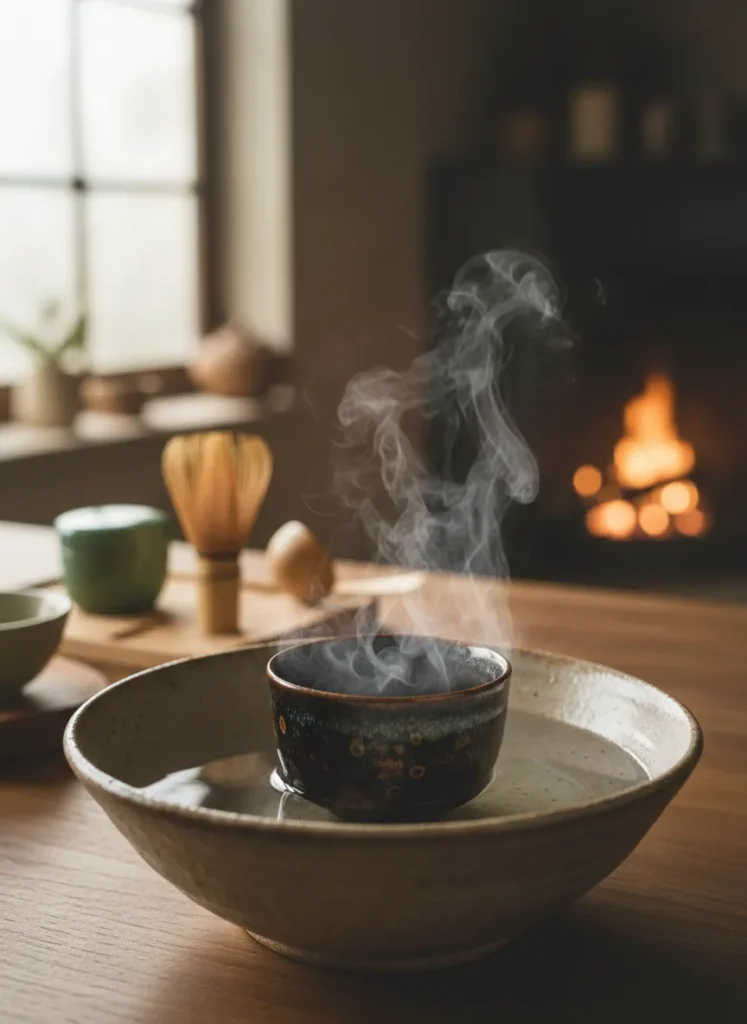 Can You Put Tenmoku Tea Cups in the Microwave? 4 Tenmoku tea cup placed in a bowl of steaming hot water for gentle reheating without microwave